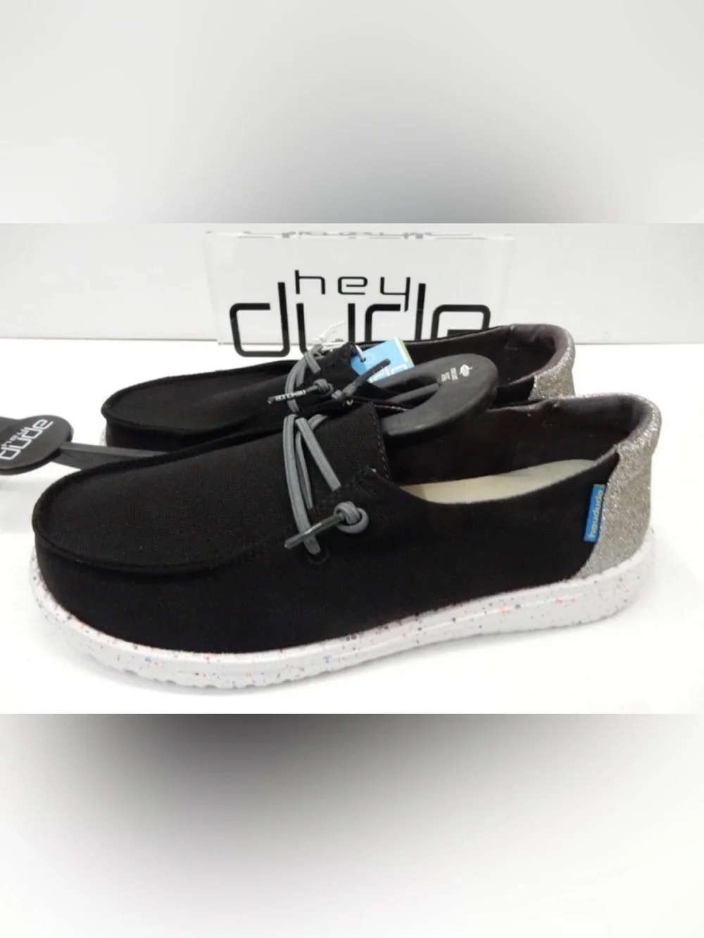 Hey Dude Wendy Black Canvas Slip-On with Glitter Heel Youth 5-6 new with tags!